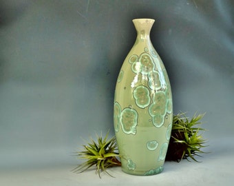 Ceramic Vase, Crystalline Glaze Pottery, Large Handmade Green Bottle, 12" Tall