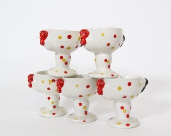 Five Vintage Rooster Egg Cups, Red and Yellow Ceramic Egg Cups, Spotted, Chicken