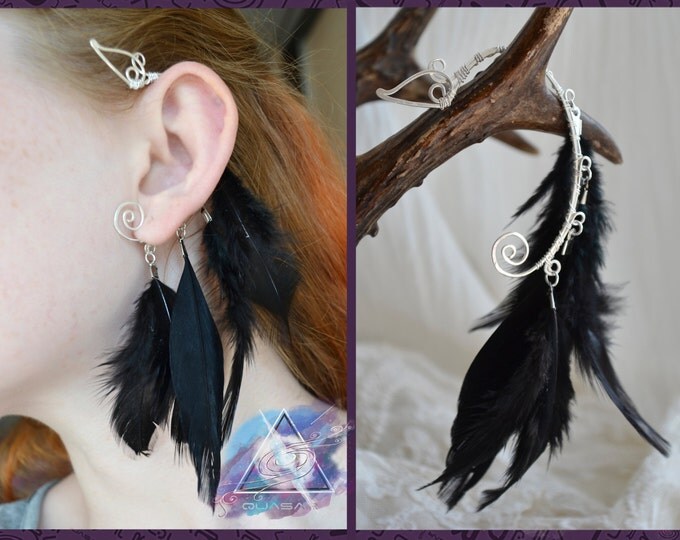 Ear cuff "Black feather" | Feather ear cuff, boho ear cuff, quasarshop, boho asseccories, bird jewelry, ethnic, earcuffs, crow, raven