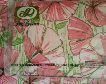 Vintage Lady Pepperell PINK Full Fitted Bottom Sheet & 2 Pillow Cases Amapola Flowers