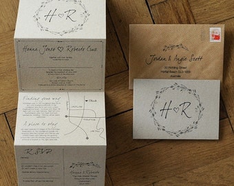 Woodland Story Rustic Wedding Invitation Set on Kraft Card - wreath illustration and optional custom map. Natural / Barn / Farm invites.