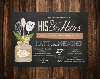 His & Hers Couple's Wedding Shower Invitation; Chalkboard, Mason Jar, Lace, Shabby Chic; Printable or set of 10