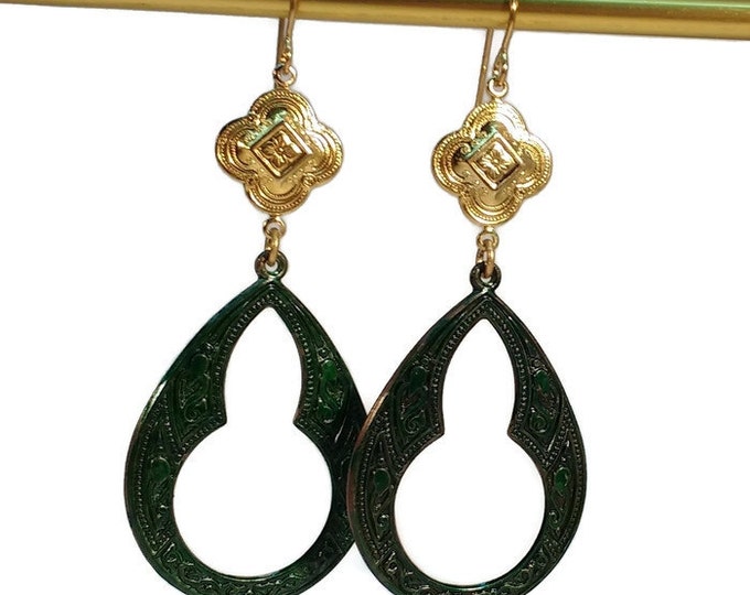 Hand Painted Emerald Green Dangle Hoop Earrings, Nickle Free Brass, OOAK, One of a kind
