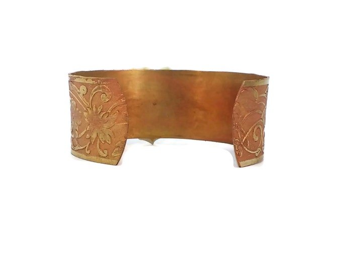Adjustable Hand Painted Etched Floral Brass Cuff Bracelet with Vintage Ceramic Flower
