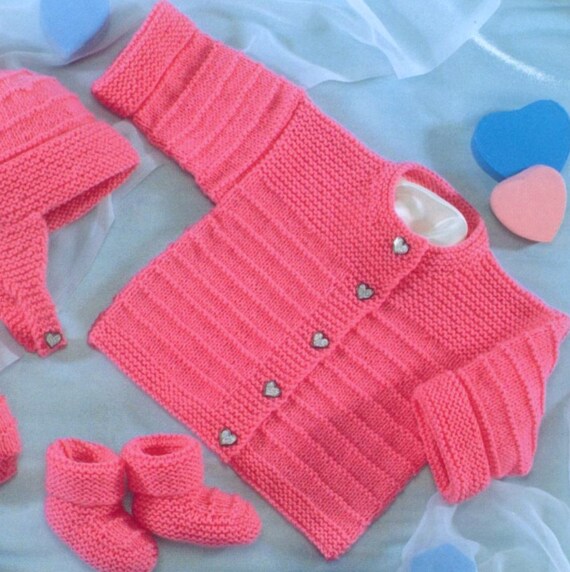 Vintage Knitting Pattern Baby Pram Set Cardigan Hoodie Jacket Hat Mittens and...