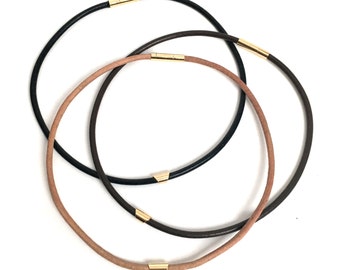 4mm Black Round Leather Cord Choker Necklace - 14K Gold Filled Clasp, Unisex, 14" - 36"