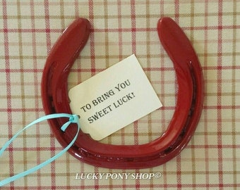 Horseshoe w gift tag,red horse shoe,equestrian decor,decorated horseshoe,horseshoe art, horseshoe gift, horse decor,Lucky Pony Shop,horse