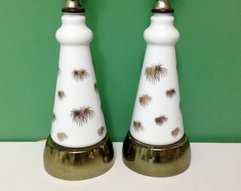 Vintage Pair of Mid Century Table Lamps White with Gold Starburst Set of Two