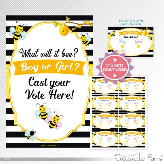 Bumble bees Gender Reveal Voting Cards baby shower printable