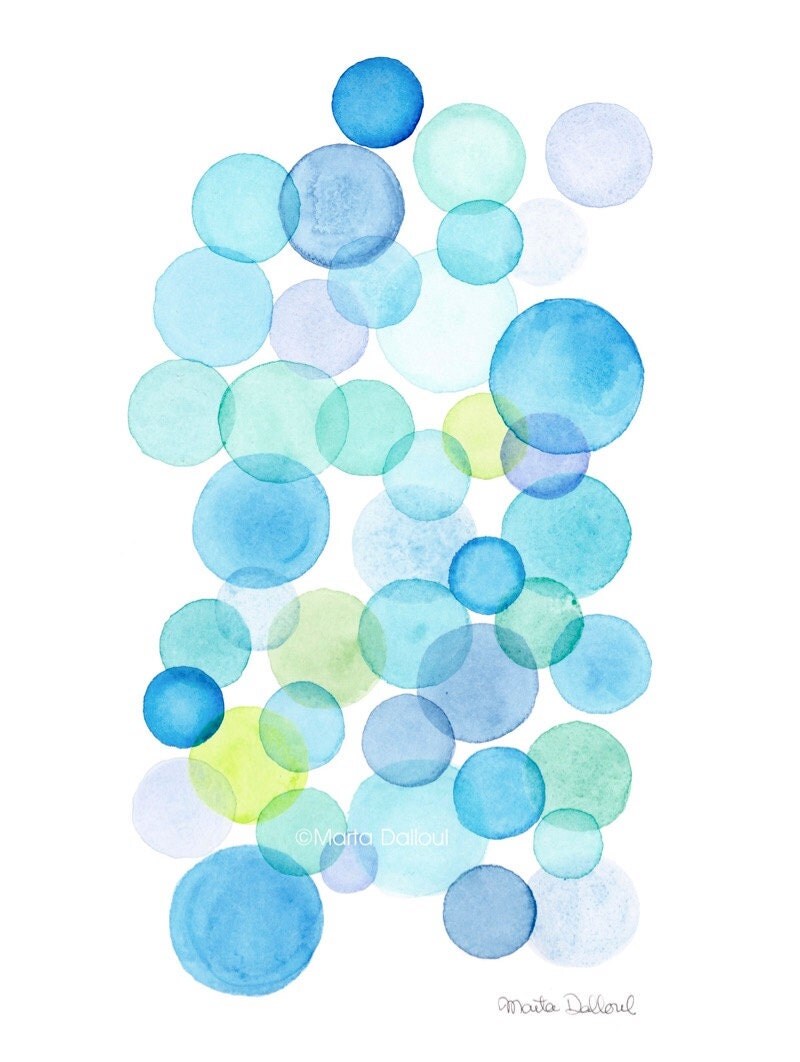 Bubble art print. Watercolor bubbles painting. Abstract blue