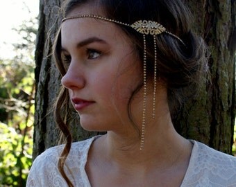 Gold Art Deco Wedding Hair Accessory - Bridal Head chain- 1920s Great Gatsby headpiece