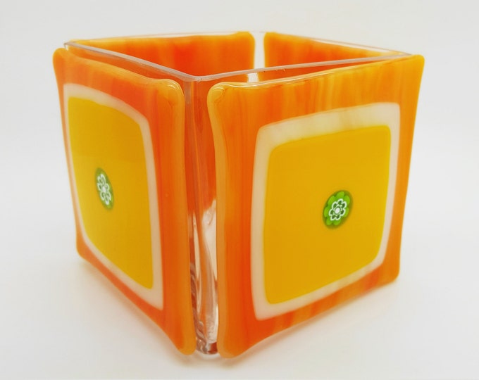 Orange yellow fused glass tealight / plant pot / candle holder Home decor Gifts for the house. Wedding table centrepiece vase. housewarming.