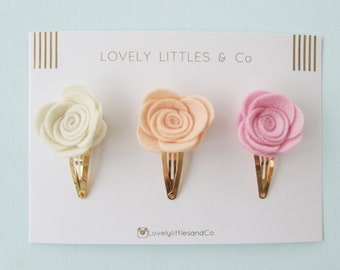 Girl/baby hair clip Felt Rose set on Snap Clip baby pink. Apricot and cream - 100% wool felt!