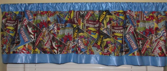 Marvel Comic satin edge curtains/cotton valance/blue satin edge