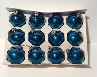 Vintage 1970s Pyramid Blue Glass Ornament Bulbs, Christmas, Xmas Tree, in original box
