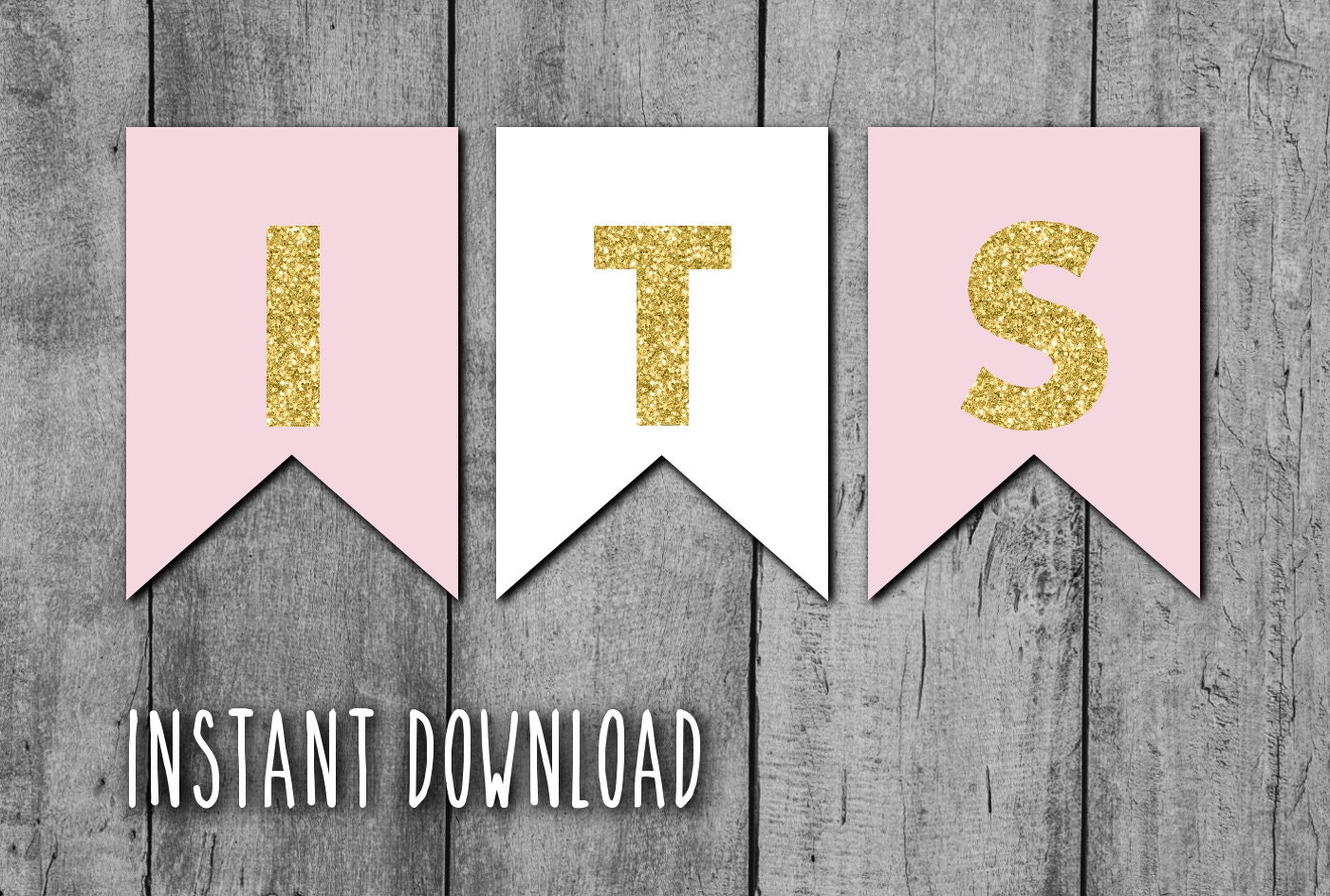 its a girl printable banner pink and white with gold glitter