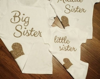 Set of 3 - Big Sister, Middle Sister, Little Sister shirts short sleeve with heart on back - 3 sibling shirts - siblings