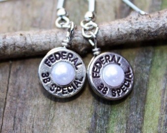 Bullet jewelry, bullet earrings dangle, 38 special brass silver bullet casing earrings, bullets with pearls, bullet jewelry, bullet pearls