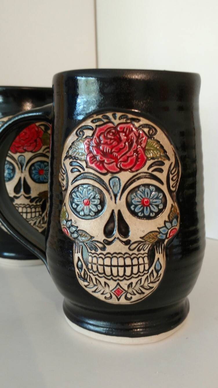 Sugar skull coffee mug custom mug unique mug 16 oz Red