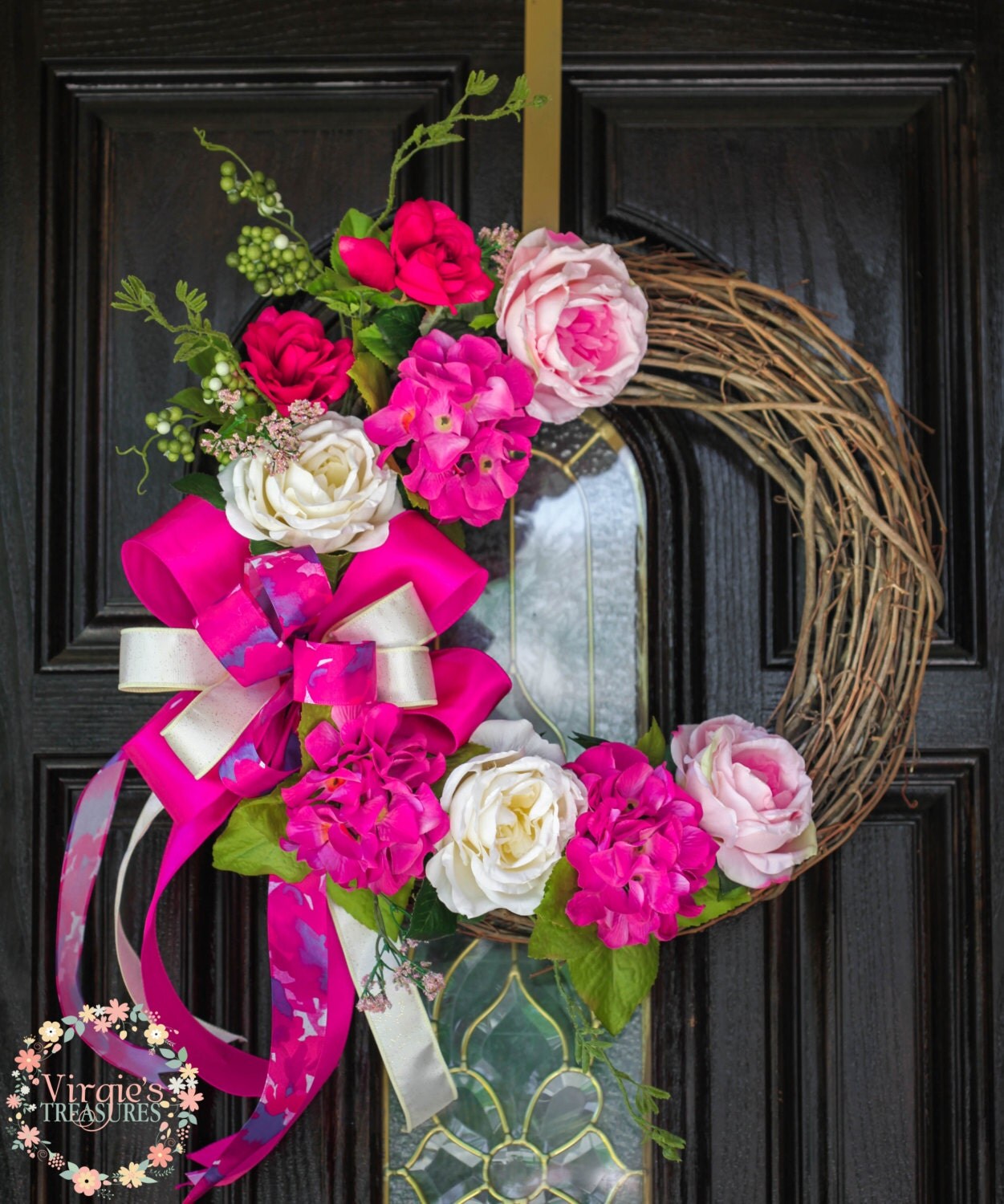 Beautiful Pink Floral Grapevine Wreath-Summer Wreath-Spring