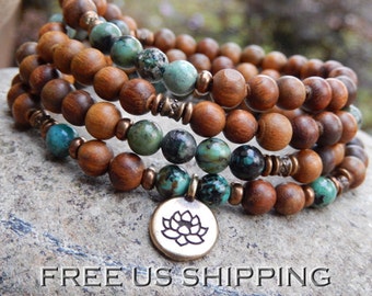 Turquoise & SandalWood Mala, Necklace, 108 Prayer Beads, Yoga Wrap Bracelet, Buddhist Mala, Meditation, Lotus, OM, Hamsa, Reiki infused