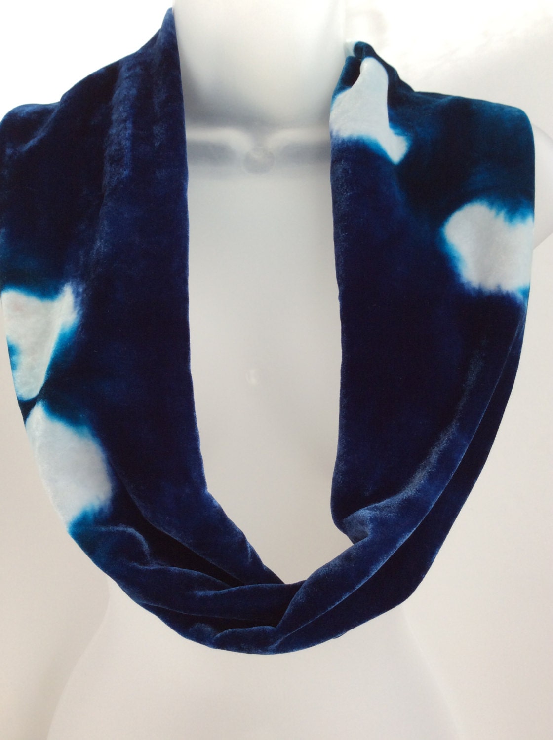 Blue and white infinity scarf, hand painted silk velvet scarf by JasmineVelvet on Etsy | Silk 