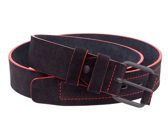 Suede leather belt Mens belts Black with red edges Thick for jeans Brass matte buckle