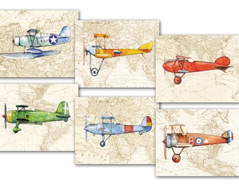 Airplane on vintage world map prints Military airplanes watercolor Prop aircrafts Set 6 prints Retro airplane decor Boy's nursery wall art