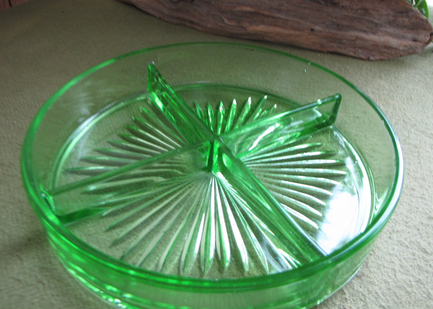 Green Depression Glass Relish Tray Divided Dish