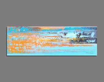 Abstract painting 50x150cm / 19,6x59 inches Blue, Orange, Abstract Art, Painting Original, Modern Art Large