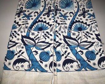 Blue Floral Pure Linen Kitchen Tea Towels Vintage 1950's Lois Long Design New Unused!