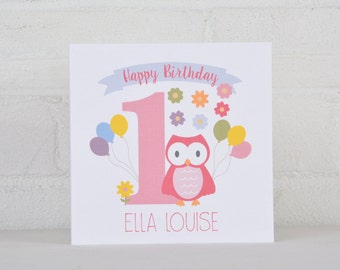 Little Owl Personalised 1st Birthday Card for a Girl, Personalised Birthday Card for a one year old, First Birthday Card, Custom Card