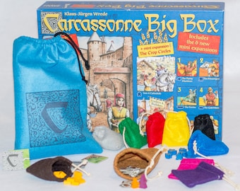 Carcassonne Big Box 10 pc Bundle - (1) XLarge 9" x 12" Tile Draw Bag, (8) Small 3" x 3" Player Pouches and (1) 4" x 6" Accessory Sack
