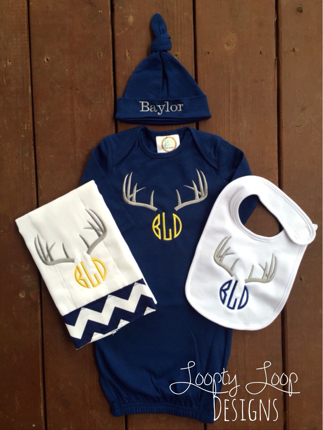 Monogrammed Personalized Deer Antler Layette with options for