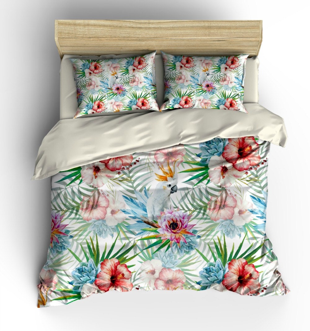 Tropical Floral Bedding Cockatoo Bird Duvet Comforter Cover