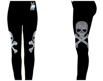 Plus Size Black Contouring Full Length Leggings Embellished Silver Stud Skull and Cross Bones Design