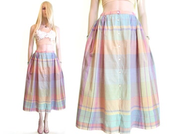 Ralph Lauren skirt 80s skirt plaid skirt cotton madras plaid preppy high waisted pastel 50s skirt tea party dress skirt women's clothing s