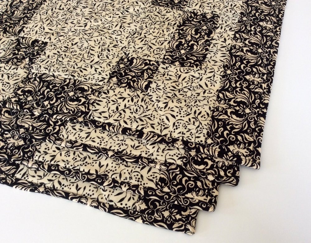 Quilted Placemats Black and Tan Handmade Patchwork Set of 4