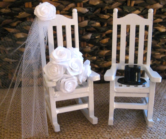 Rustic Miniature Rocking Chairs Cake Topper with Veil/Bouquet/Top Hat in Choice of 3 Colors