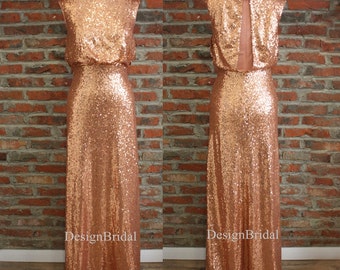 Rose Gold Modest Bridesmaid DressRose Gold Sequins