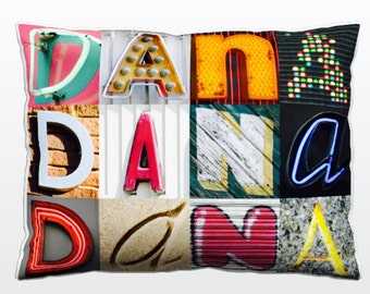 Personalized Pillow featuring DANA in photos of sign letters; Custom couch cushions; Colorful pillows; Photo pillow; Sofa pillows