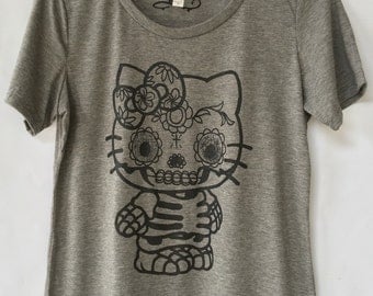 Kitty Day Of The Dead Skull T-shirt - Women Skull Cat T-shirt. Calavera Gato Women T-shirt. Gift Friendly.