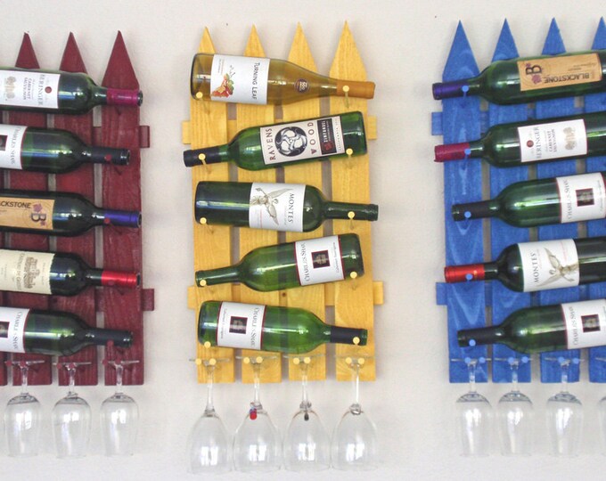 Wood Wall Wine Rack-Wall Mounted Wine Rack-Wood Wine Rack-Handmade Wine Rack, Vertical Wine & Glasses Rack Holds 5 Bottles 4 Glasses