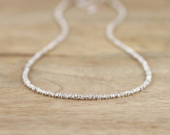 Delicate Fine Silver Heishi Bead Necklace. Dainty Sterling Silver Beaded Choker. Long Layering Necklace. Karen Hill Tribe Jewelry. Jewellery