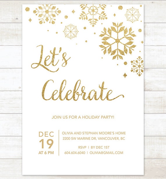 gold holiday party invitation printable snowflakes white gold
