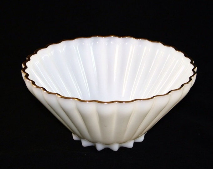 Storewide 25% Off SALE Vintage Anchor Hocking Pearl White Fluted Fine Serving Bowl Featuring Elegant 22k Gold Rim Finish With Original Manuf