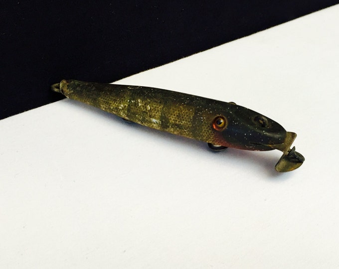 Storewide 25% Off SALE Antique Large Green Hand Painted Wooden Fishing Lure Featuring Original Yellow Glass Eyes