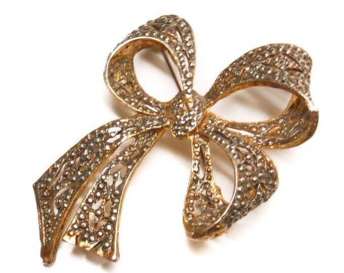 Storewide 25% Off SALE Vintage Gold Tone Marcasite Designer Knotted Bow Brooch Featuring Oversized Style With Encrusted Designs