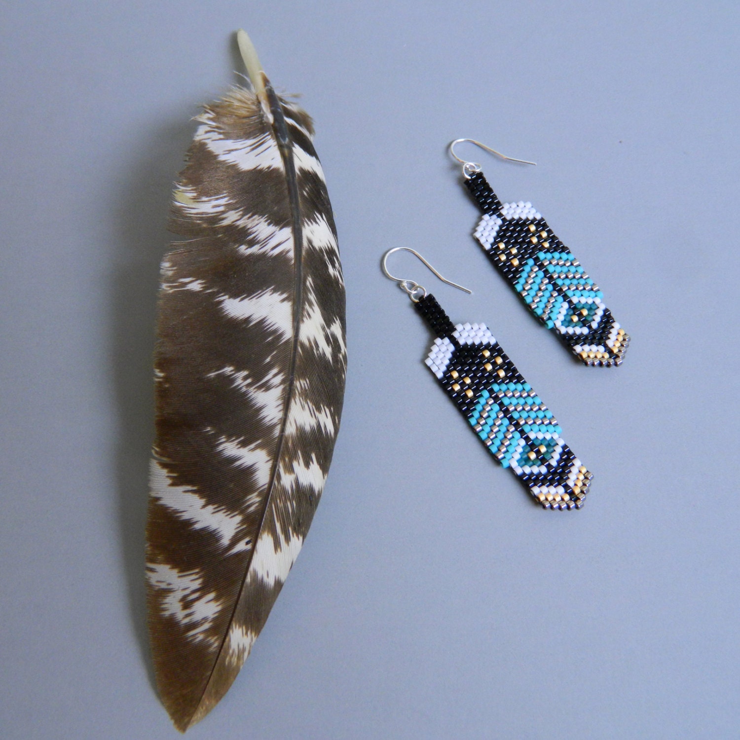 Sky Hawk Hand Beaded Feather Dangle Earrings