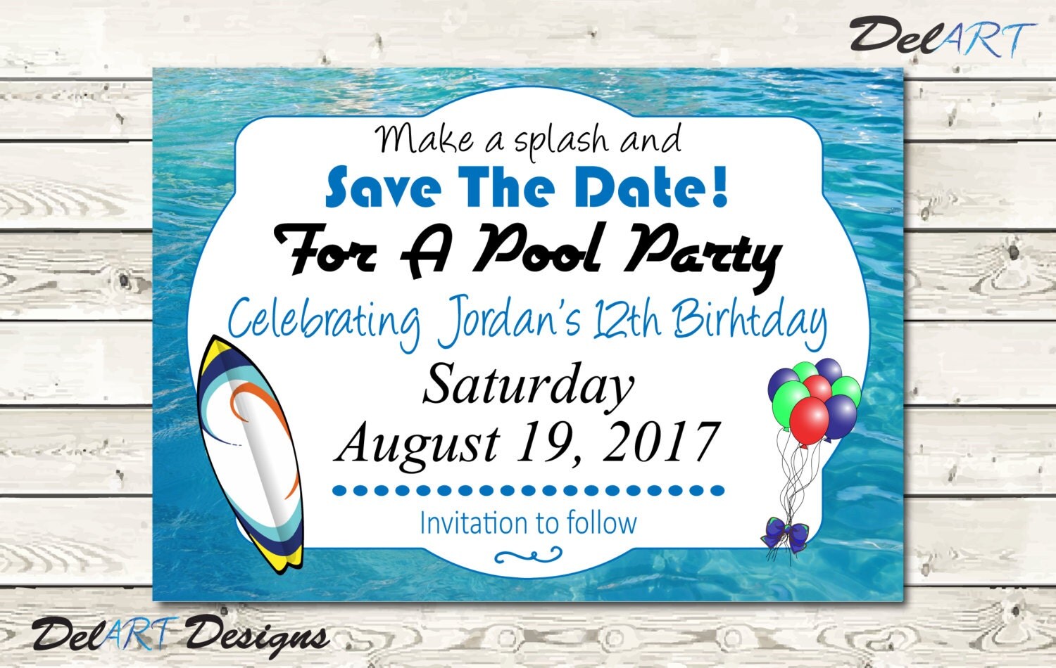 Pool Party Invitation or Save the date card by DelARTDesigns